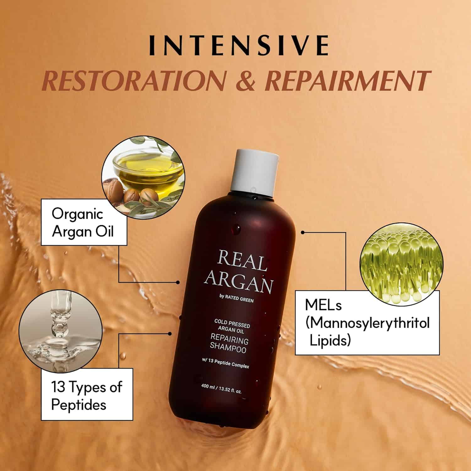 Șampon reparator pentru păr deteriorat Rated Green Real Argan Repairing Shampoo 400 ml