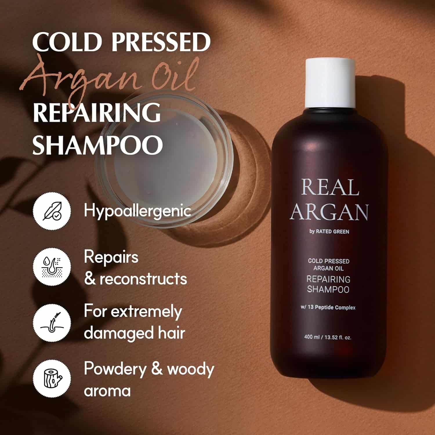 Șampon reparator pentru păr deteriorat Rated Green Real Argan Repairing Shampoo 400 ml